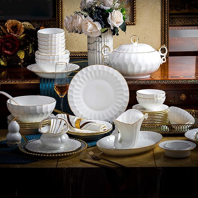 Elegant Classic Pottery Tableware,Ceramics Dinner Set, 50 Pieces Pure White High Grade Bone China Dinnerware Sets | Phnom Penh Soup Pot Plate Bowl Porcelain Combination S