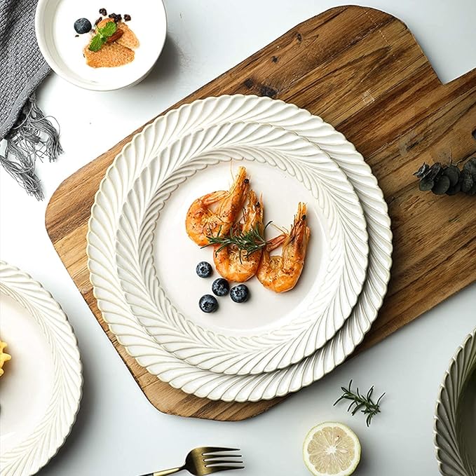 Ceramics Dinner Sets, 25 Pieces White Glaze Porcelain Dinnerware Set for Wedding Gifts | Retro Relief Cereal Bowl and Steak Plate Set