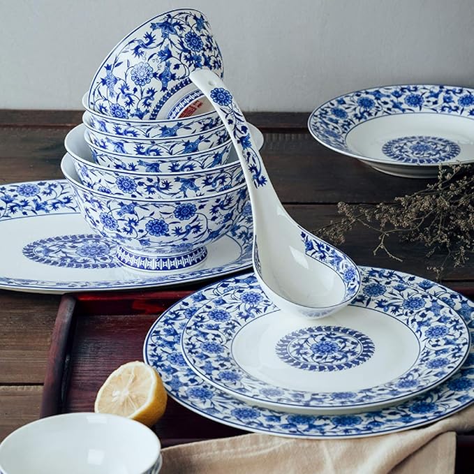 Dinner Sets,Ceramics Dinner Sets,26 Pieces Blue and White Porcelain Dinnerware Set Gift Box Steak Plate Cereal Bowl and Soup Bowl for Wedding Gifts