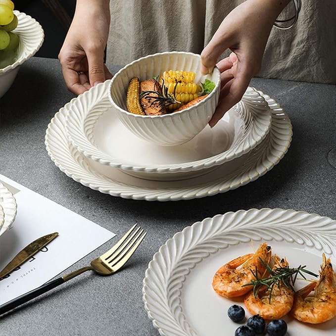 Ceramics Dinner Sets, 25 Pieces White Glaze Porcelain Dinnerware Set for Wedding Gifts | Retro Relief Cereal Bowl and Steak Plate Set