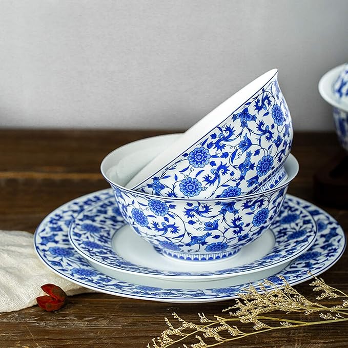 Dinner Sets,Ceramics Dinner Sets,26 Pieces Blue and White Porcelain Dinnerware Set Gift Box Steak Plate Cereal Bowl and Soup Bowl for Wedding Gifts