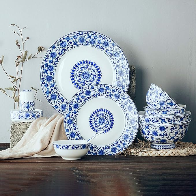 Dinner Sets,Ceramics Dinner Sets,26 Pieces Blue and White Porcelain Dinnerware Set Gift Box Steak Plate Cereal Bowl and Soup Bowl for Wedding Gifts