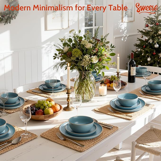 Sweese Dinnerware Sets Service for 6, 18 pcs Matte Glaze Plates and Bowls Sets, Handmade Porcelain Dish Set, Highly Chip and Crack Resistant Modern Dinner Set, Dark Blue