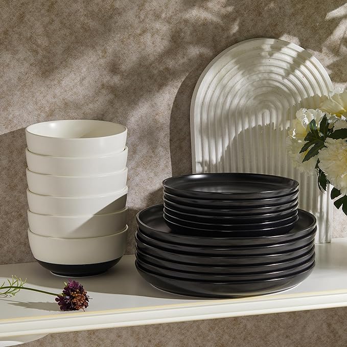 Sweese Dinnerware Sets Service for 6, 18 pcs Matte Glaze Plates and Bowls Sets, Handmade Porcelain Dish Set, Highly Chip and Crack Resistant Modern Dinner Set, Black White