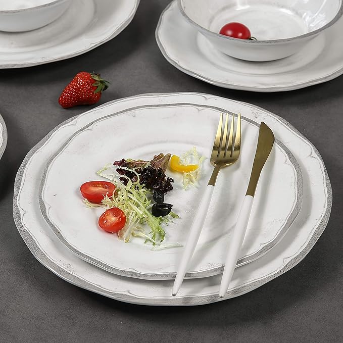 Melamine Dishes Dinnerware Sets - 12pcs Melamine Dinner Plates, Salad Plates and Bowls, for Everyday Use White