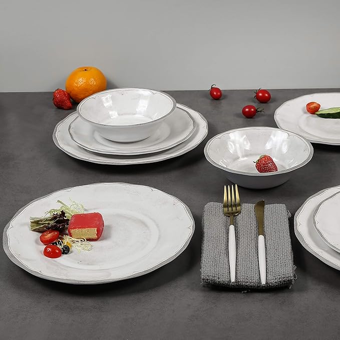 Melamine Dishes Dinnerware Sets - 12pcs Melamine Dinner Plates, Salad Plates and Bowls, for Everyday Use White